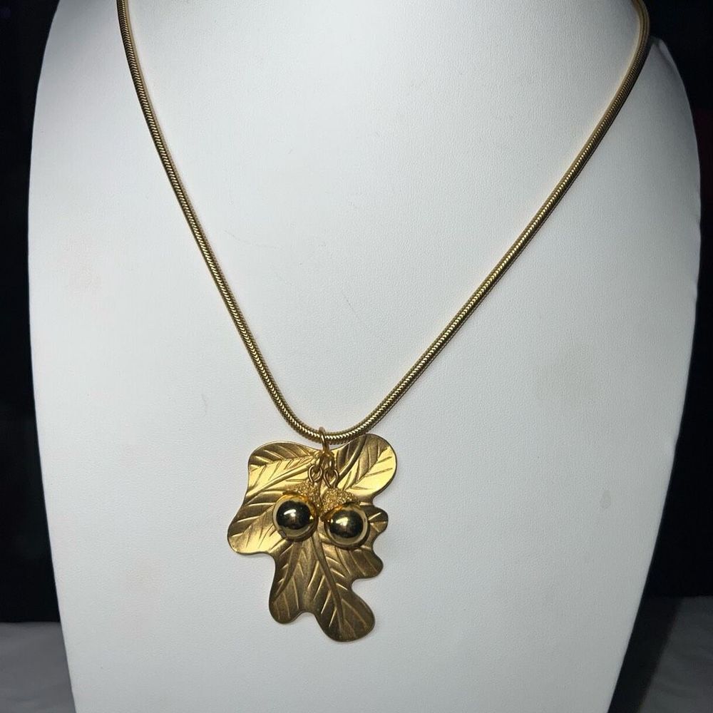 Gold Tone Oak Leaf And Magic Forest Acorns Necklace